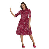 Maroon ruby cotton printed shirt collar 3/4th sleeve dress, vibrant fashion for women's wardrobe